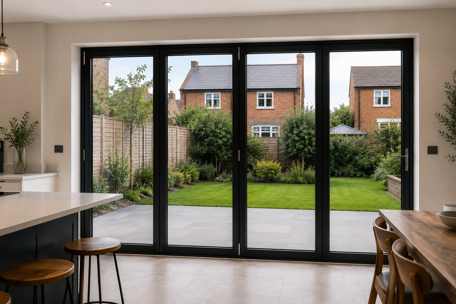 Clear switchable glass bi-fold doors opening onto a garden