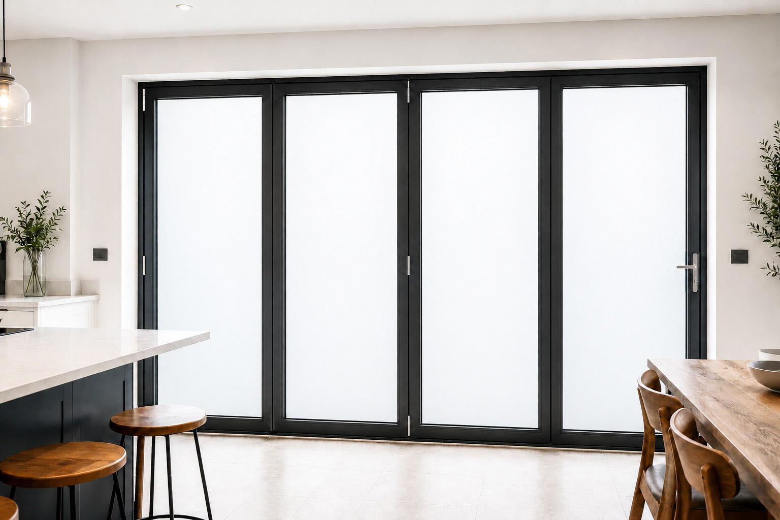 Opaque switchable glass bi-fold doors providing privacy