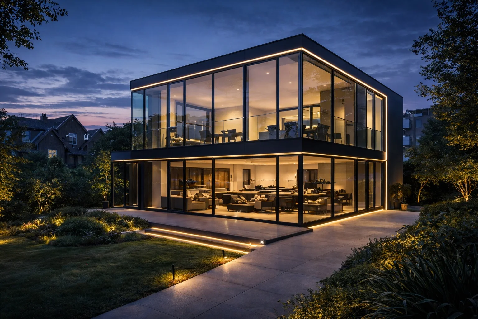 Modern illuminated glass cube house
