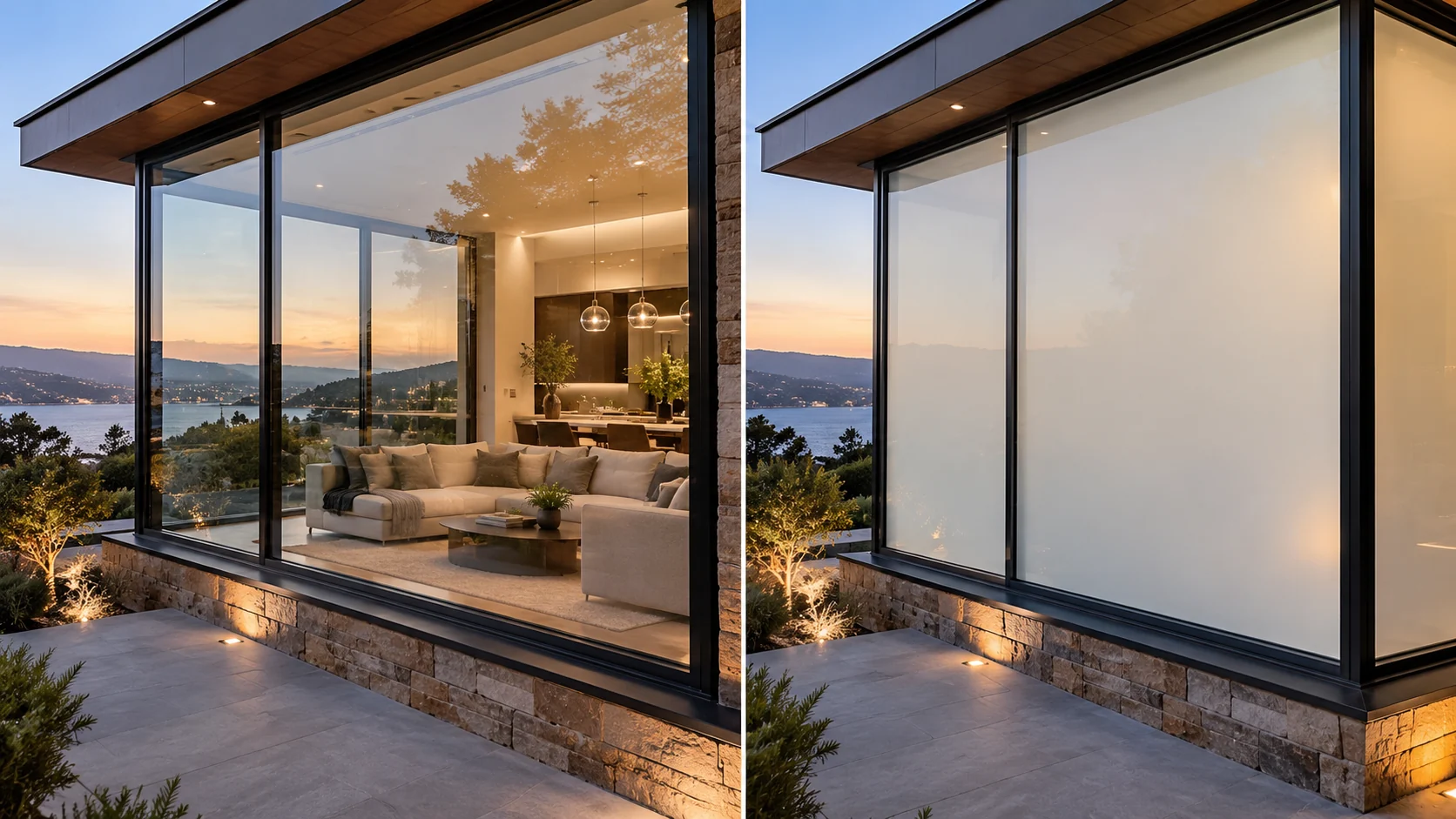 Modern home with switchable glazing shown in clear and diffused privacy states