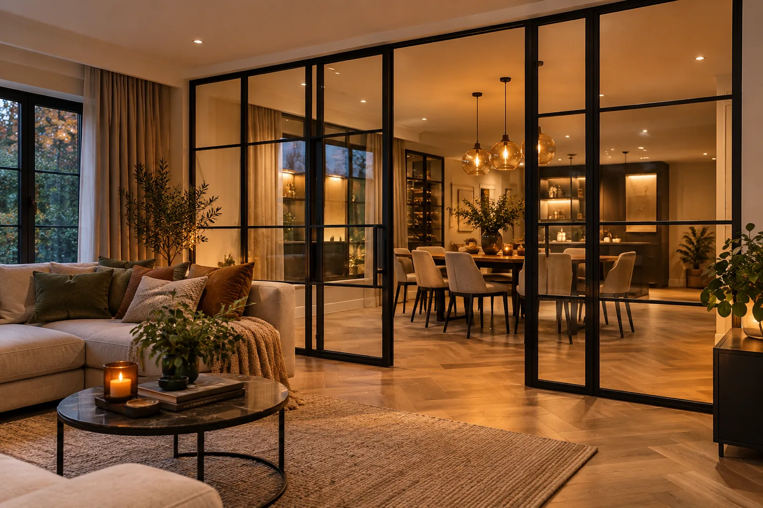 Illustrative living room showing an internal glazed door and partition concept