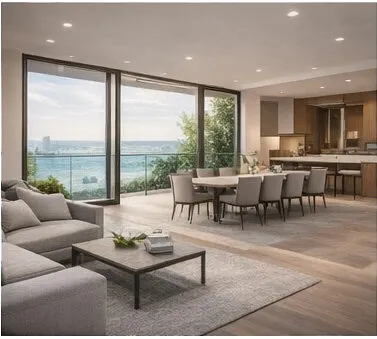 Glass balustrade in open-plan dining area with sea views
