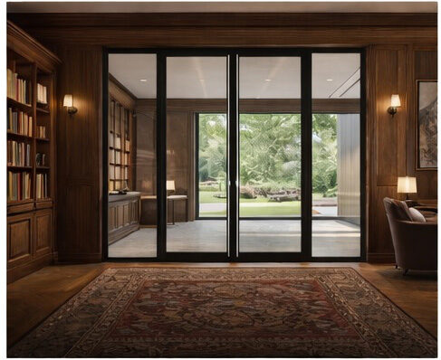 Fire rated glass doors in traditional study with garden view