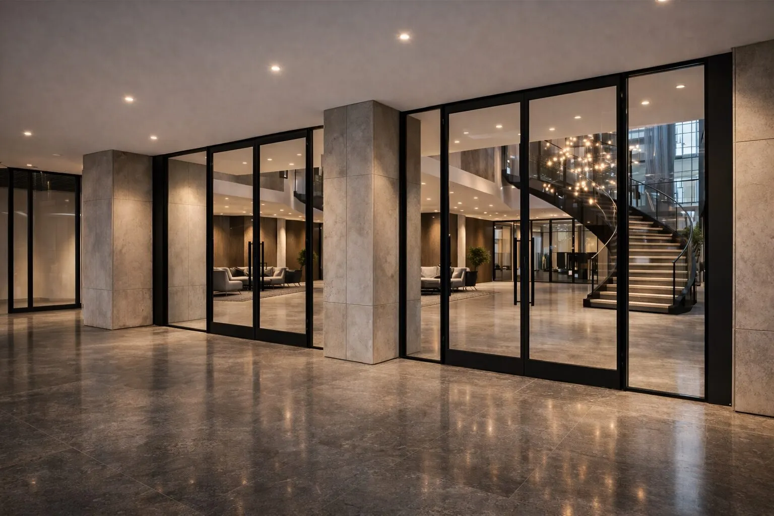 Fire rated glass doors in luxury commercial lobby with spiral staircase