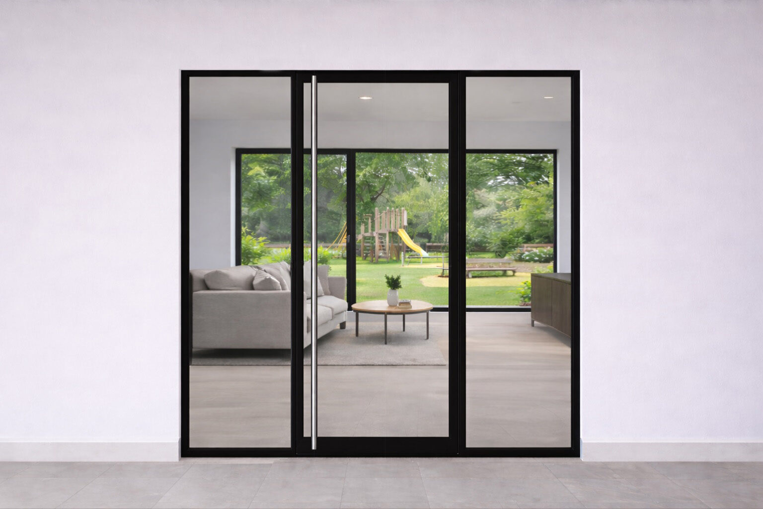 Single fire rated glass door with pair of sidelights