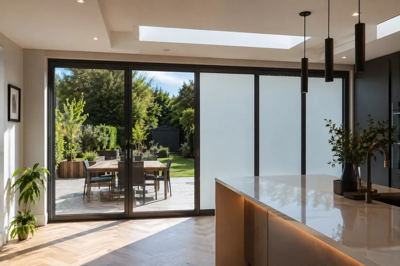 Garden room extension with switchable smart glass — one panel in opaque privacy mode, one clear
