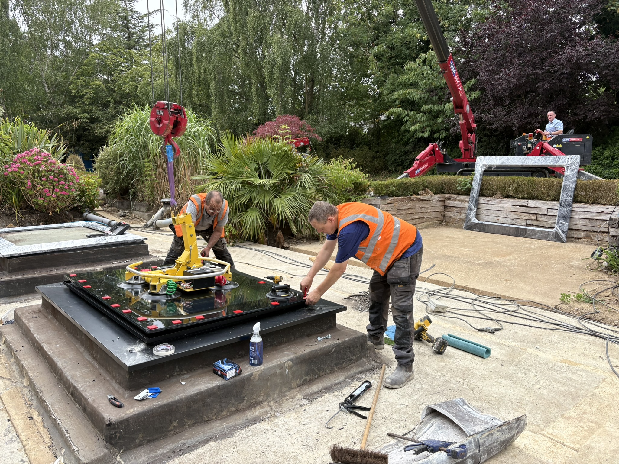 Installation of bespoke walk-on skylights with crane, Harpenden