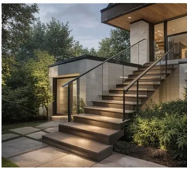 Glass balustrade on exterior stone staircase at dusk
