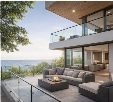 Glass balustrade on coastal terrace with sea views