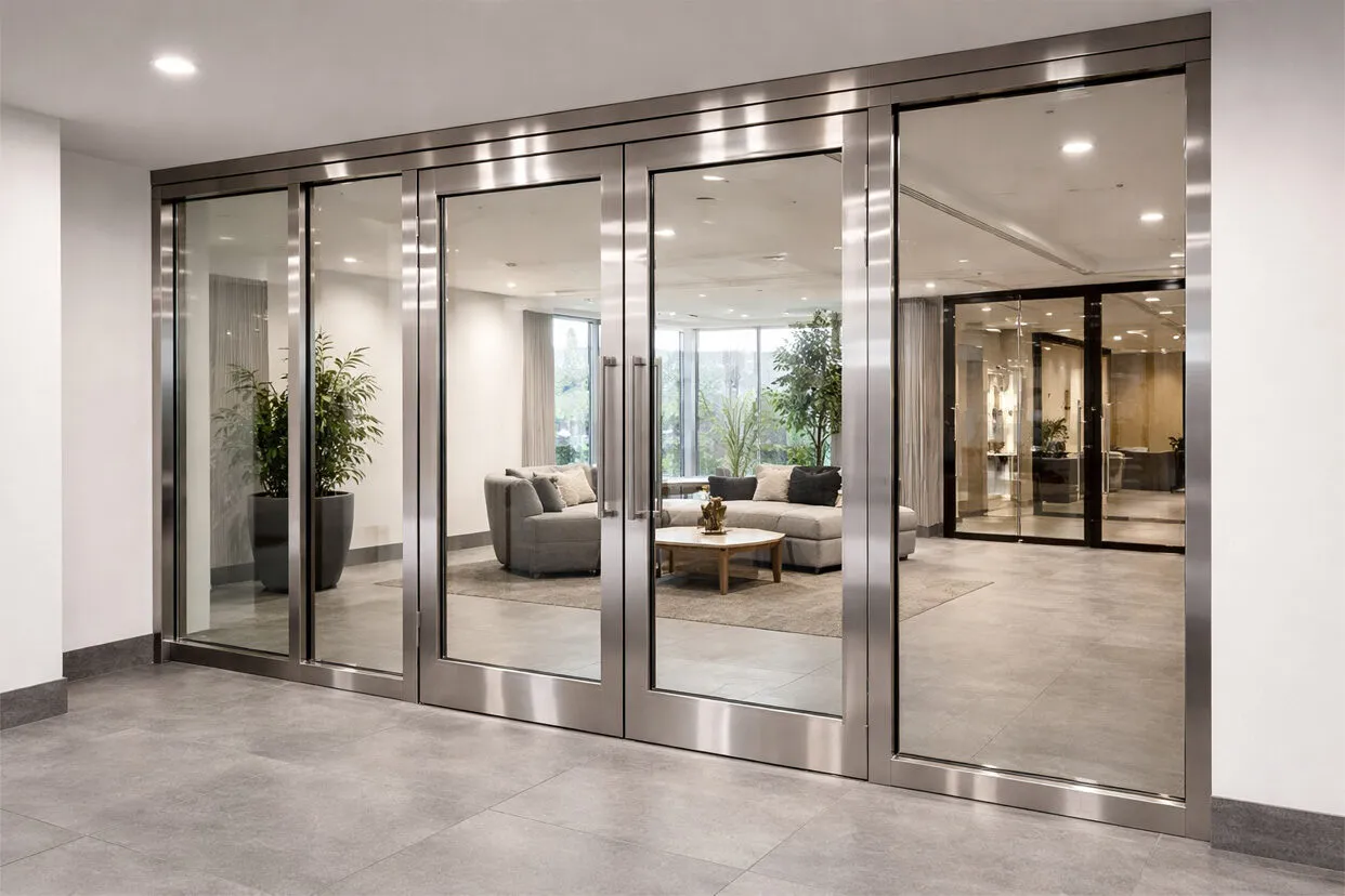 Stainless steel fire rated screen in luxury lobby