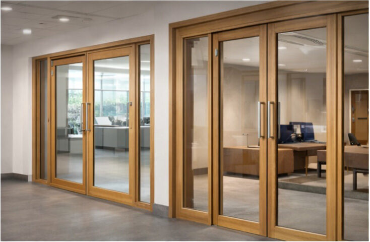 Timber fire doors with glazed sidelights