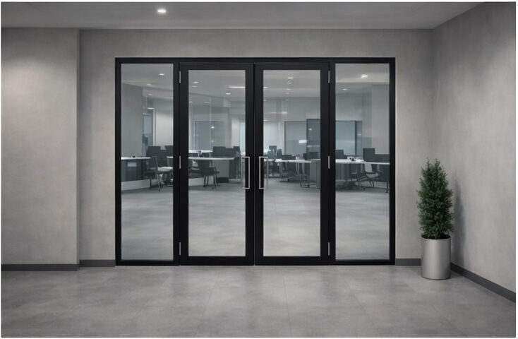 Black aluminium fire screen in modern office