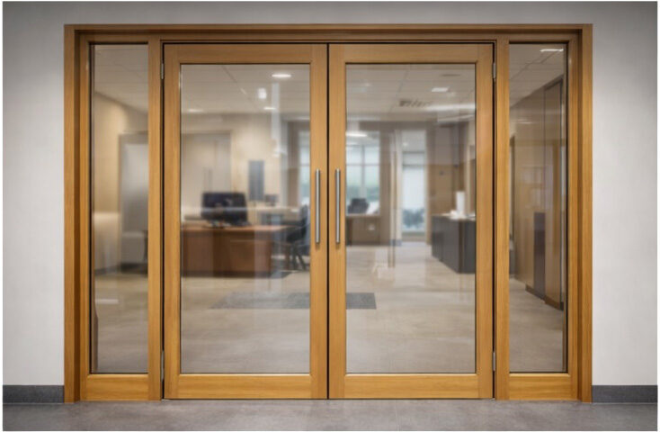 Oak timber fire rated screen with double doors