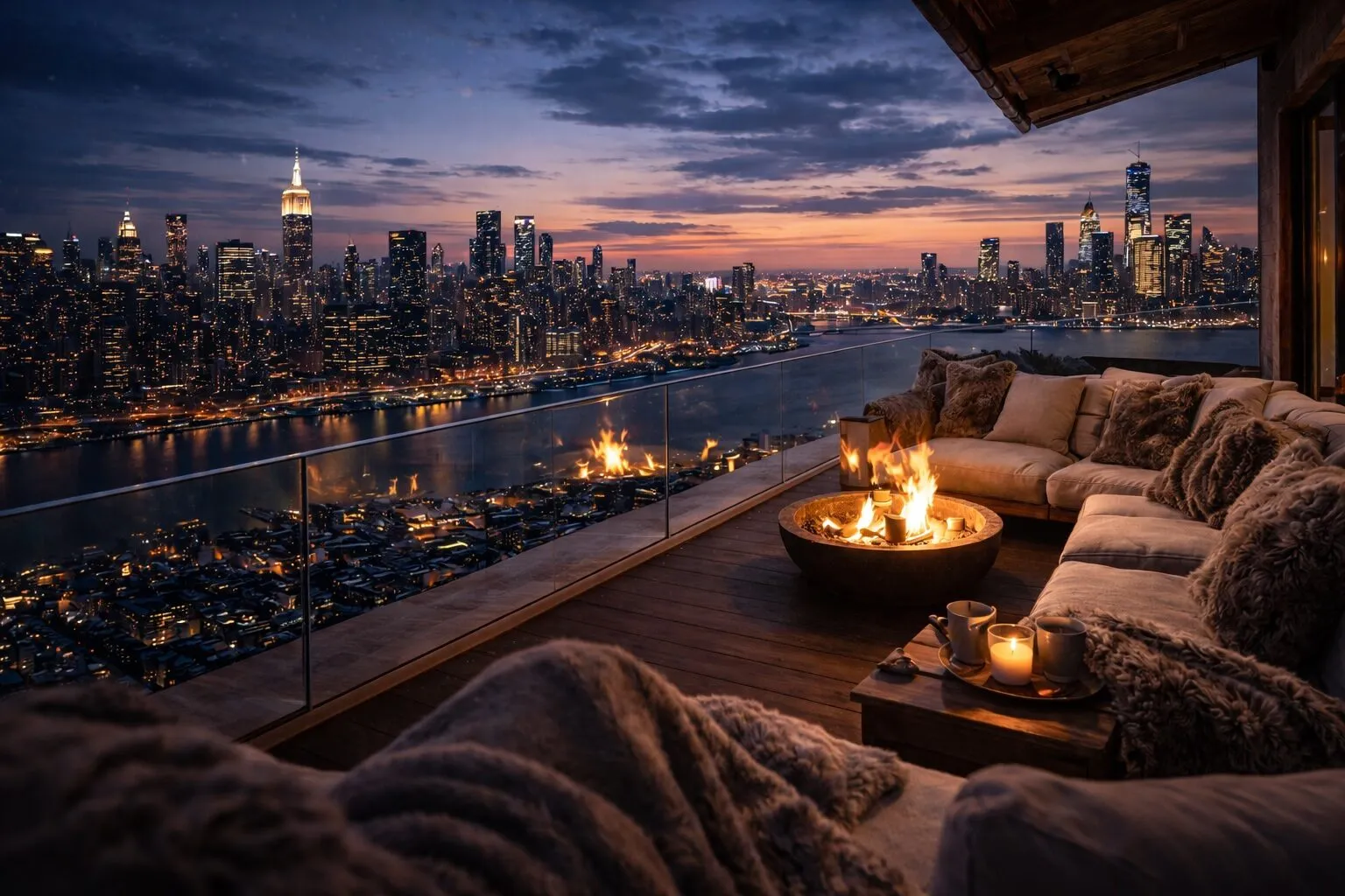 Frameless glass balustrade on luxury terrace overlooking mountains