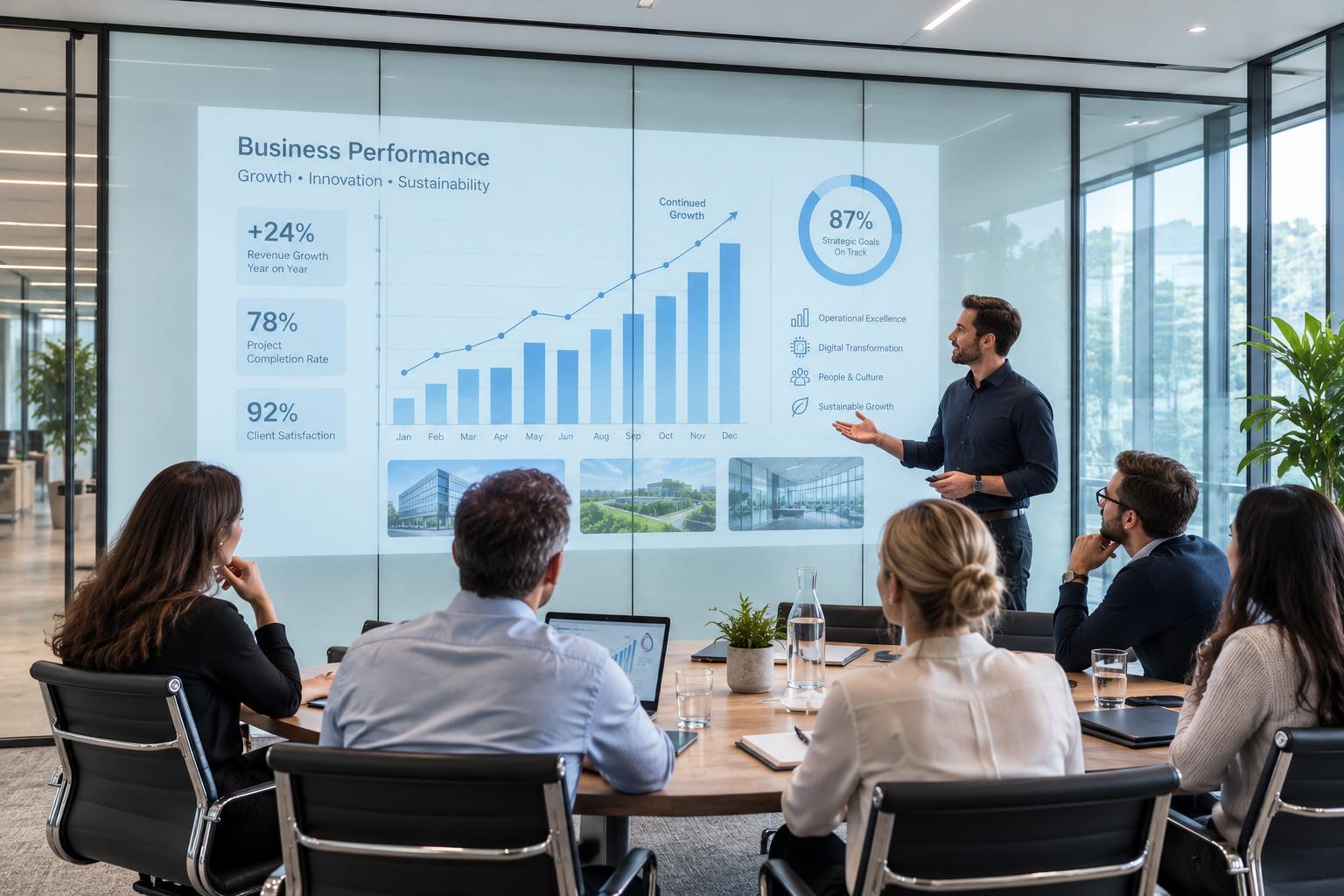 Presentation projected onto a switchable glass office partition