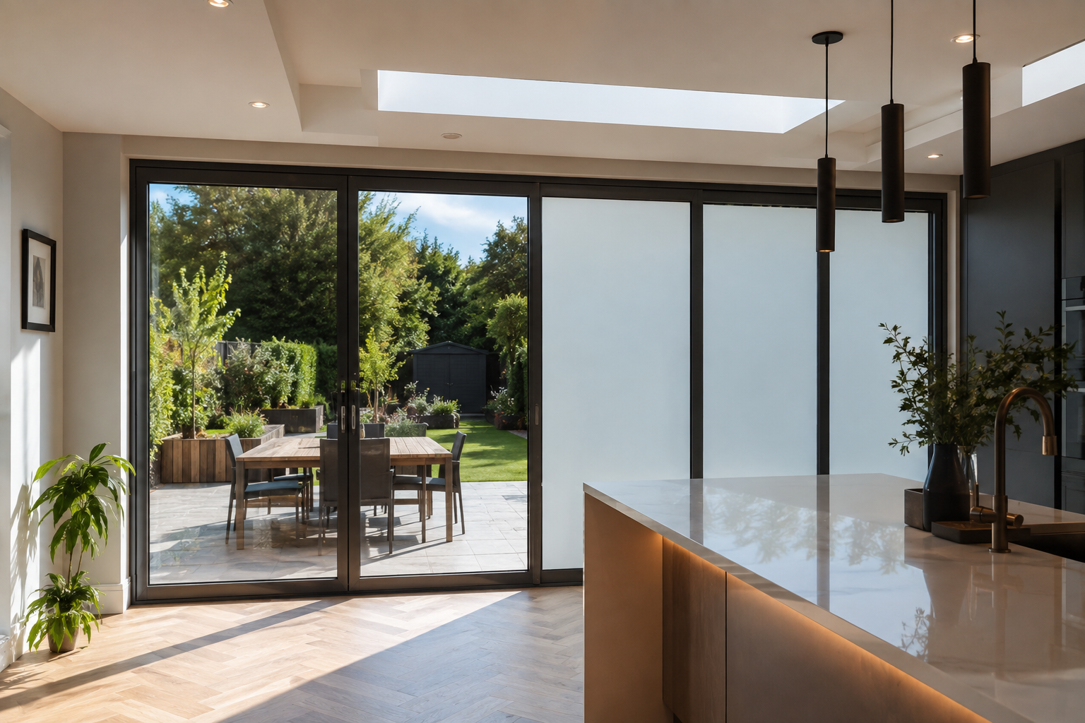 Garden room with switchable smart glass in privacy mode