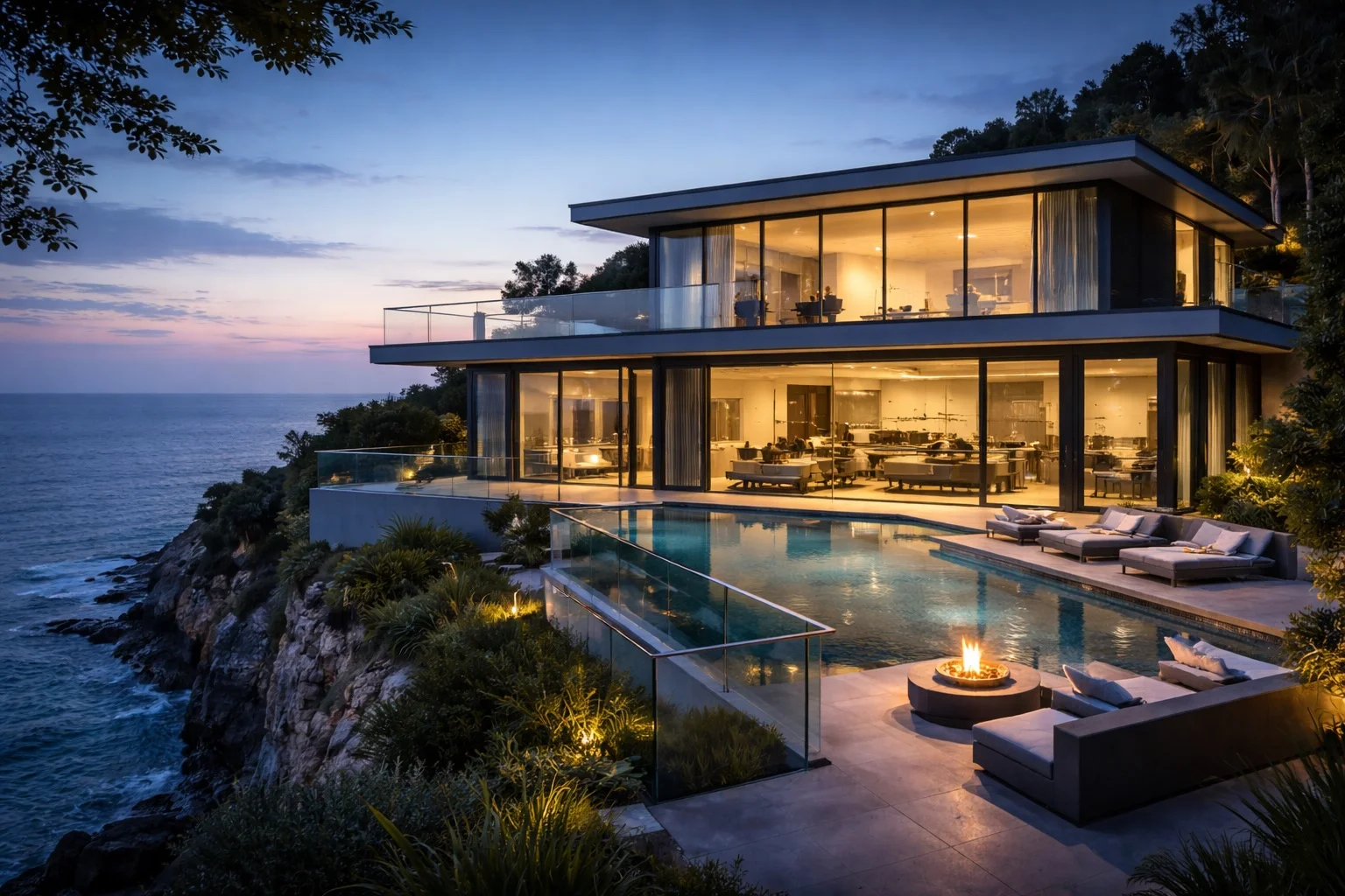 Contemporary glass home overlooking ocean